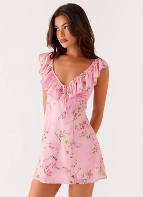 Classic Flow Romantic Soft Adrina Ruffle Mini Dress - Pink Floral Print