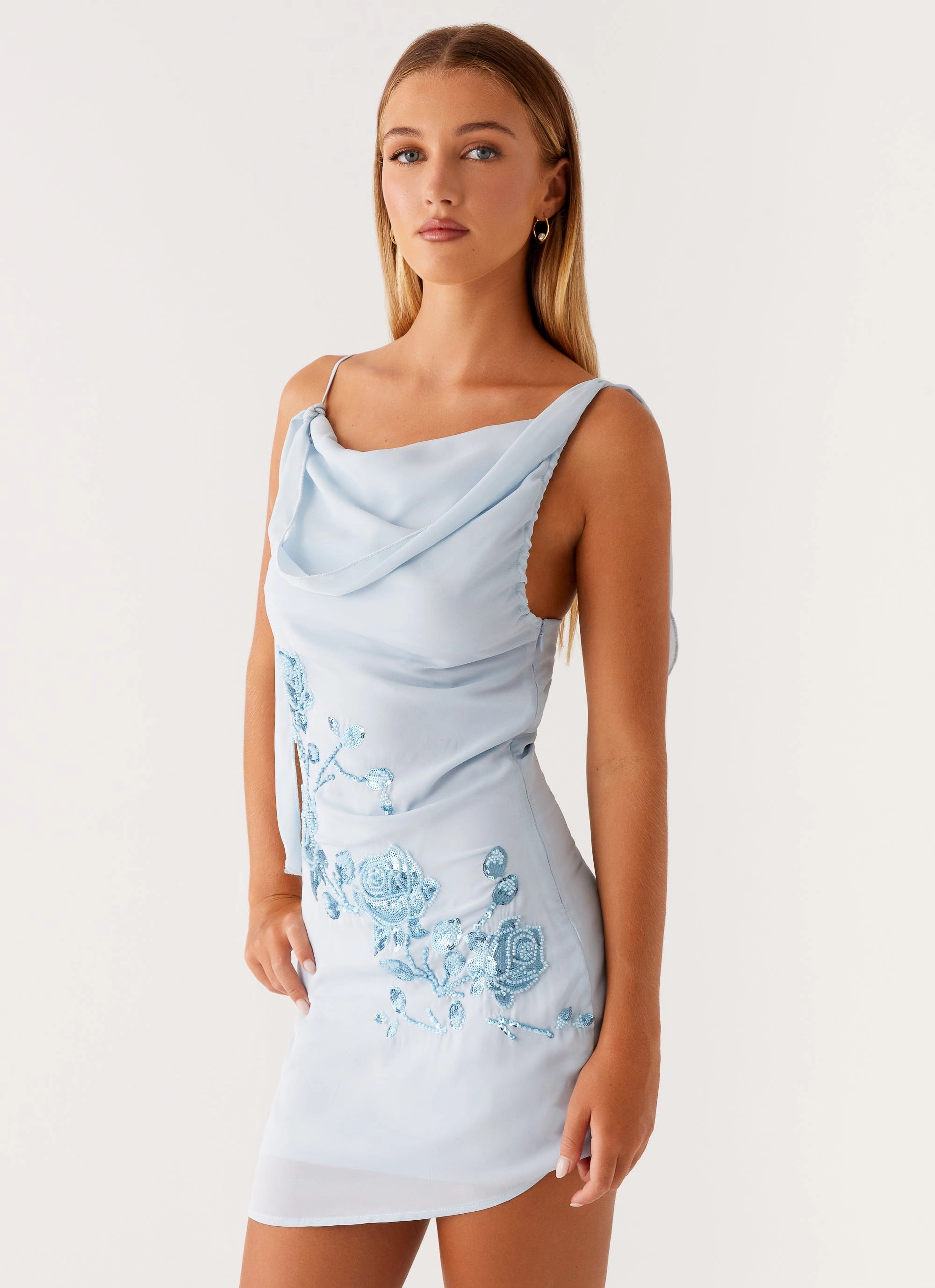 Event Glow Lily Beaded Mini Dress - Pastel Blue