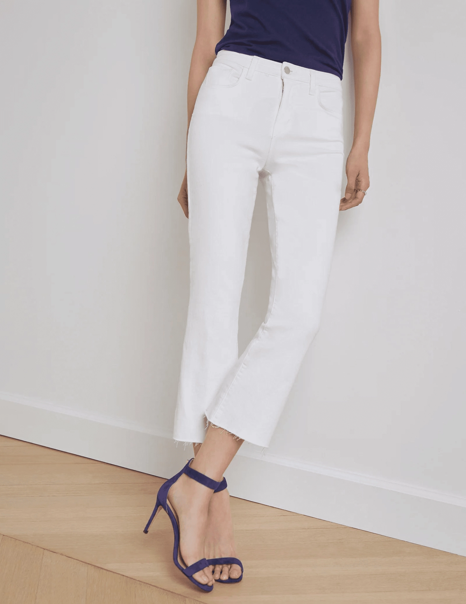 L'AGENCE Kendra High Rise Crop Flare Jeans In Blanc Sustainable Weekend Getaway