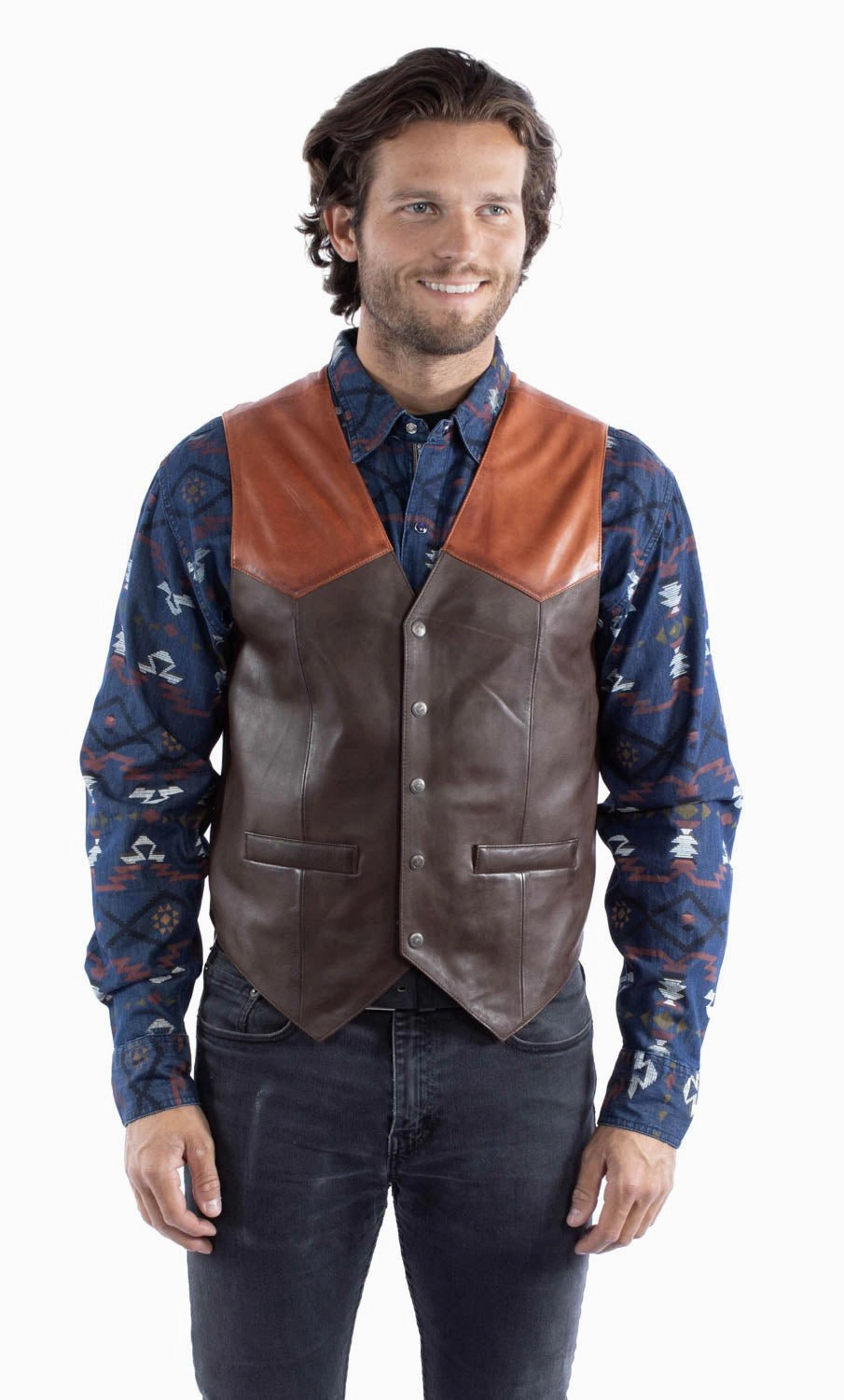 Scully Mens 5 Snap Front Classic Chocolate/Cognac Lamb Leather Leather Vest retro look