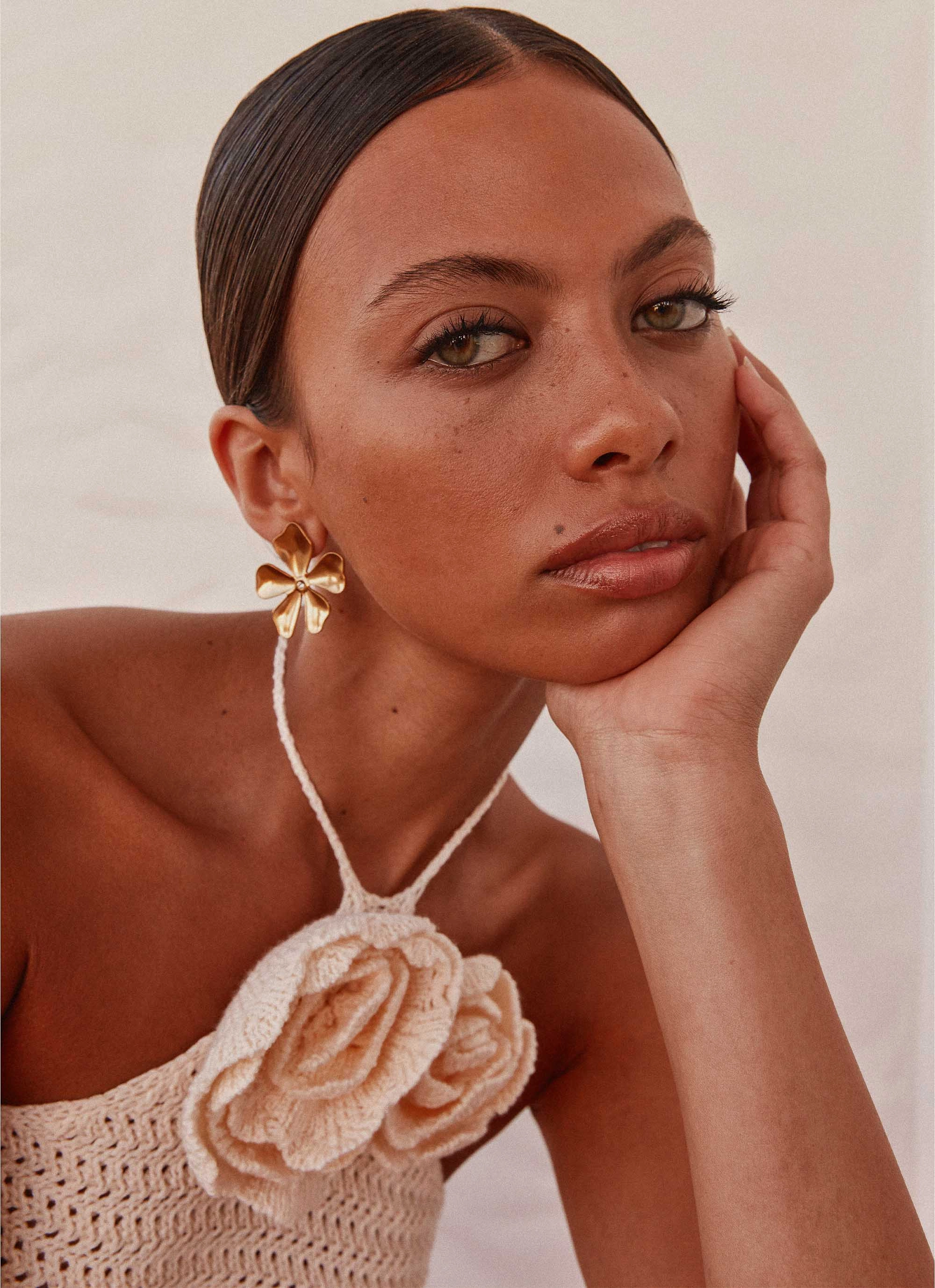 Maia Rose Crochet Top - Ivory Classic Crewneck Design Breathable mesh