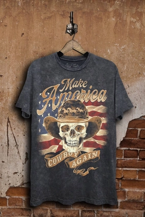 Make America Cowboy Again Graphic Top: Vintage Black Mineral Wash StretchMaterial UVProtection
