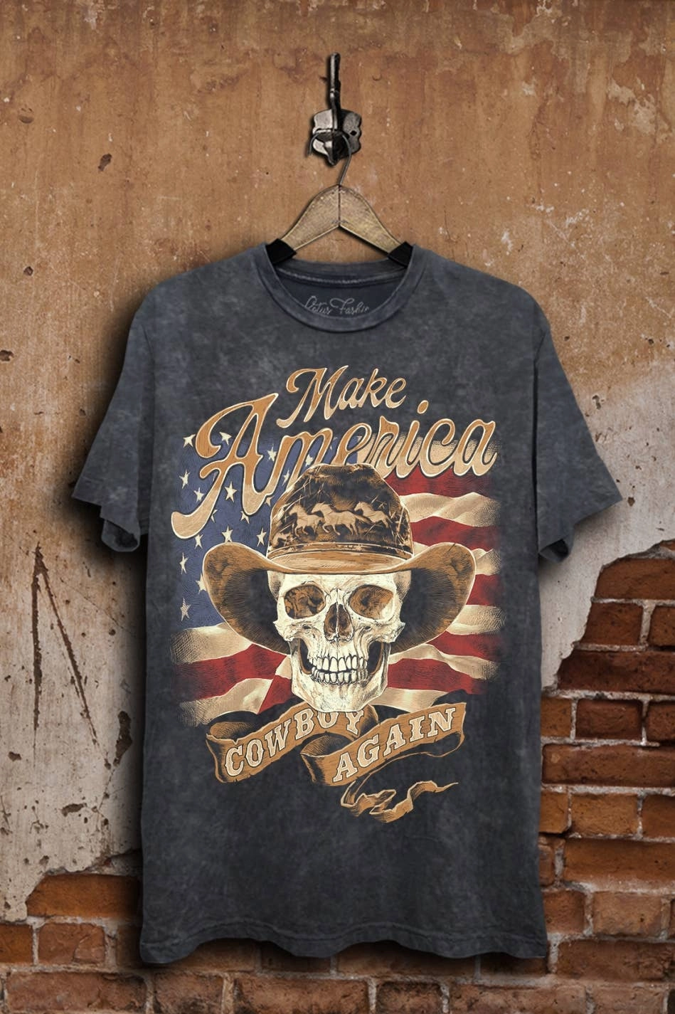 Make America Cowboy Again Graphic Top: Vintage Black Mineral Wash Layered Hem Reinforcement