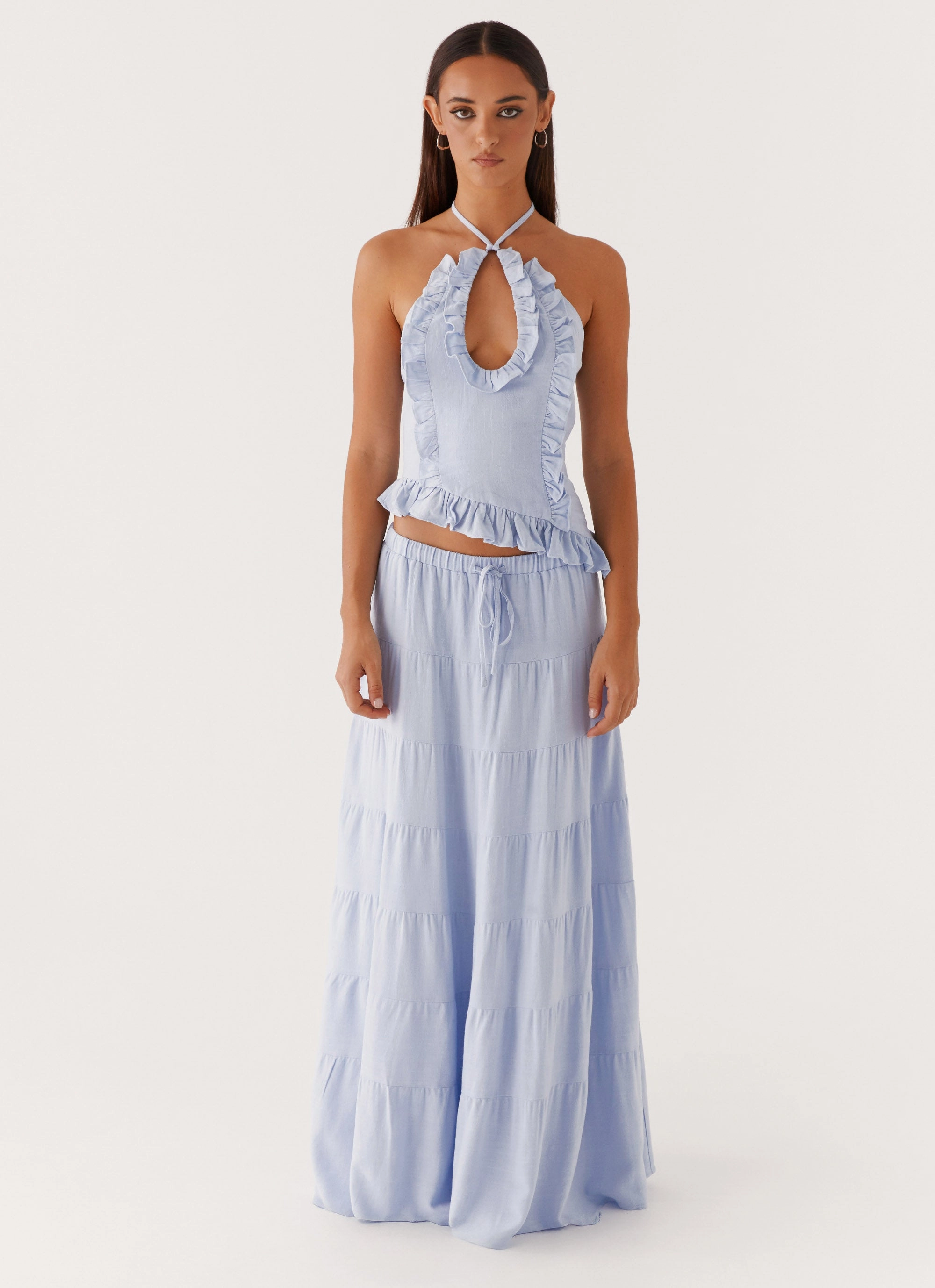 Mariella Linen Top - Blue Classic Crewneck Design WideNeckline