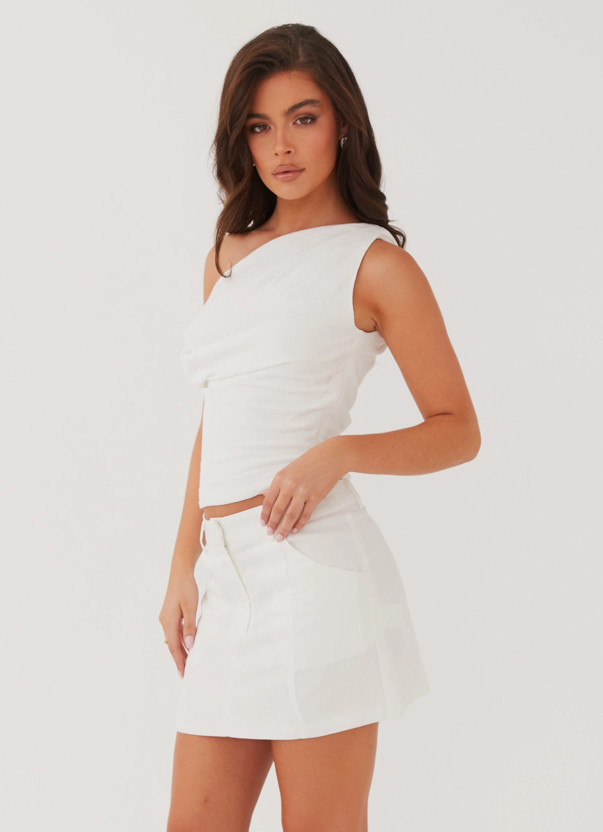 Marissa Linen One Shoulder Top - White Contrast Stitching