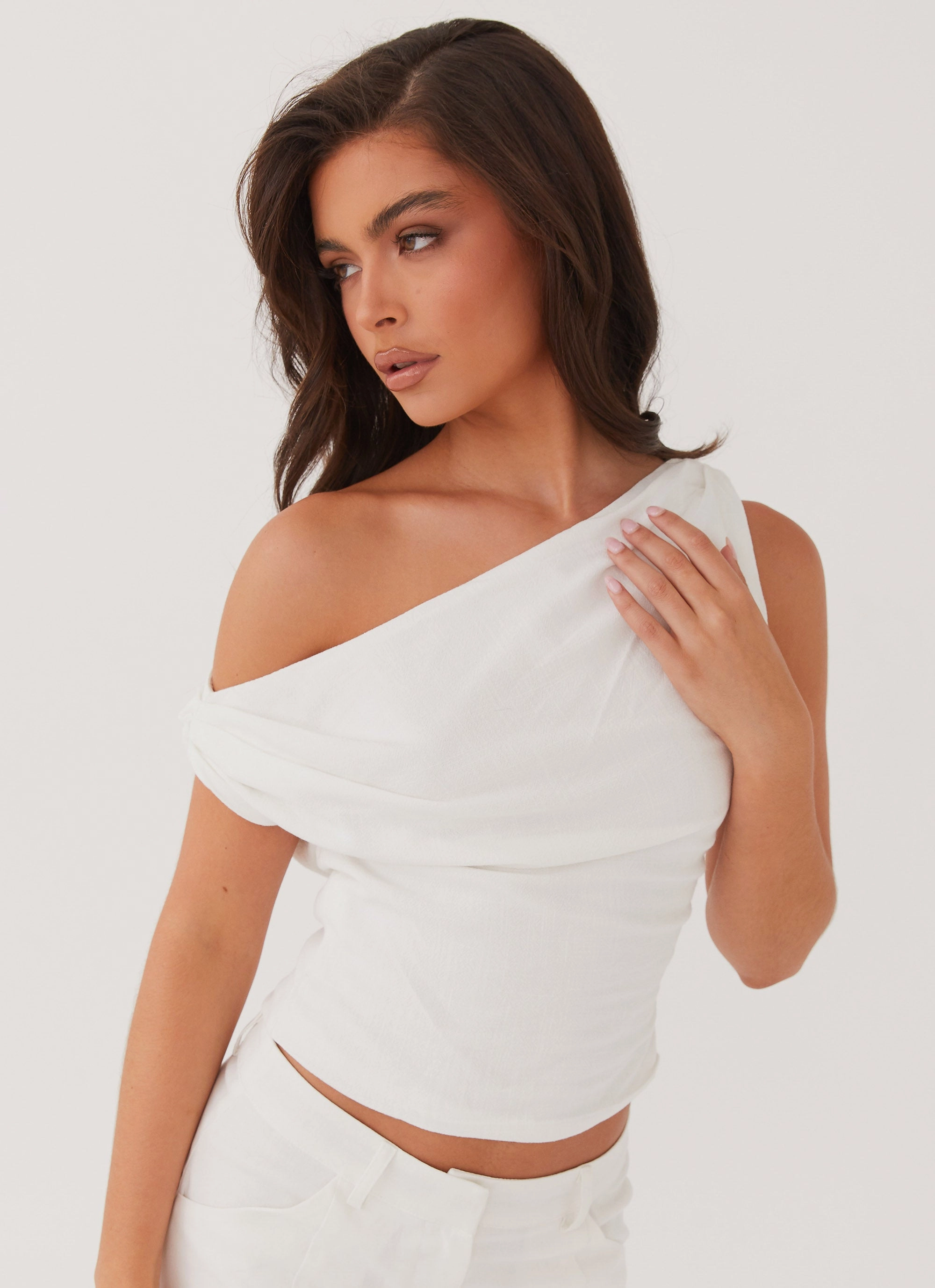 Marissa Linen One Shoulder Top - White Button Down Collar Comfy Layer