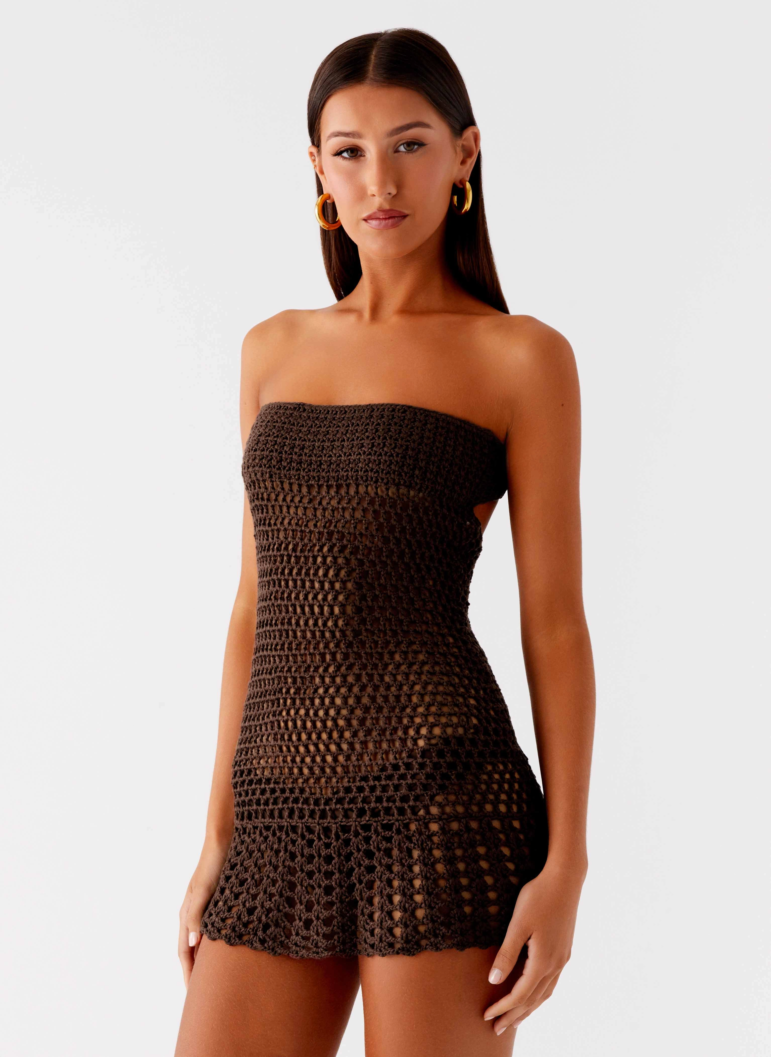 Kaiane Strapless Crochet Mini Dress - Chocolate warm tones Soft Fashion