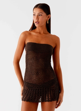 Kaiane Strapless Crochet Mini Dress - Chocolate Leg-Lengthening