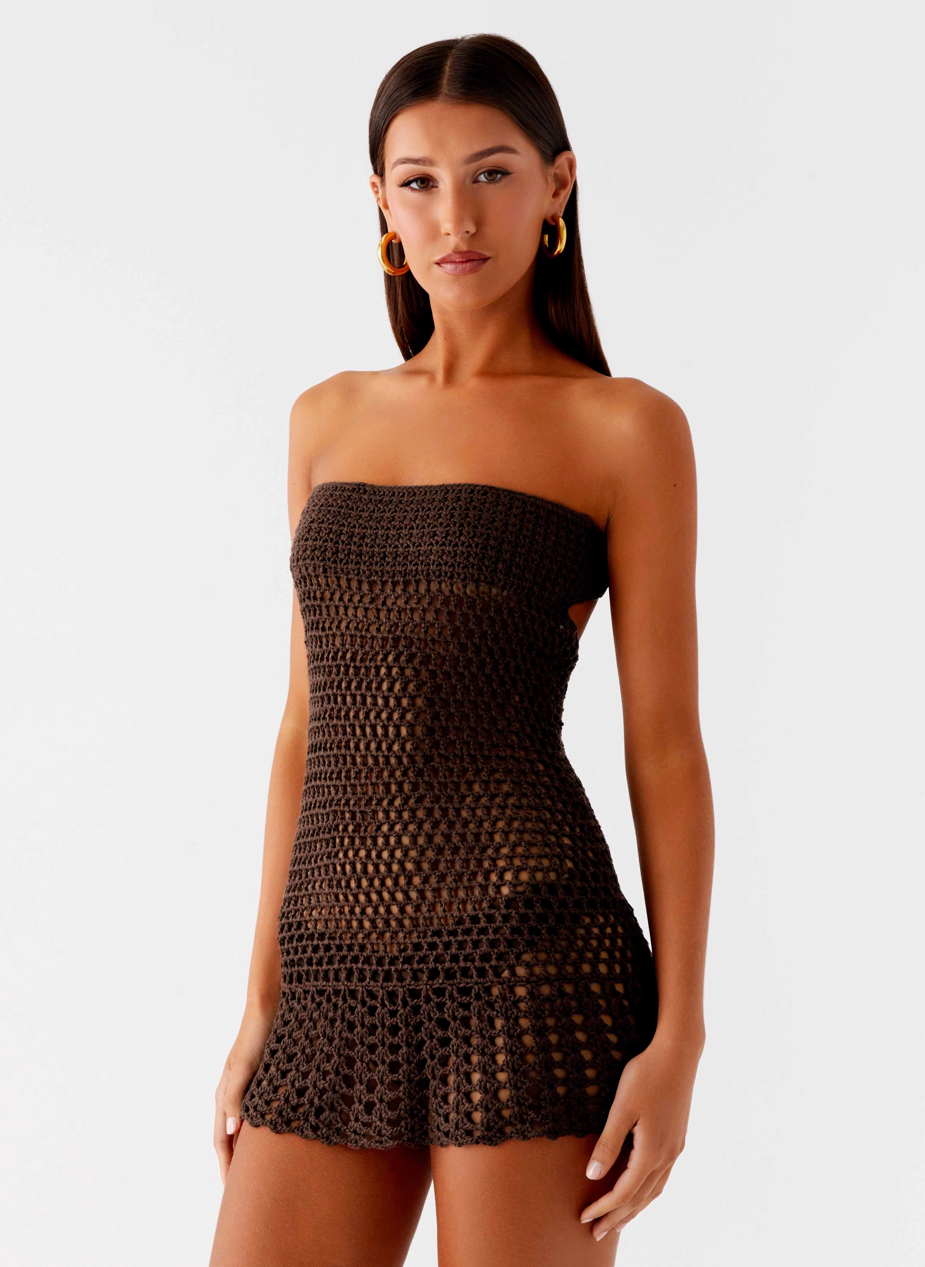 New Mood Glossy Fabric Kaiane Strapless Crochet Mini Dress - Chocolate