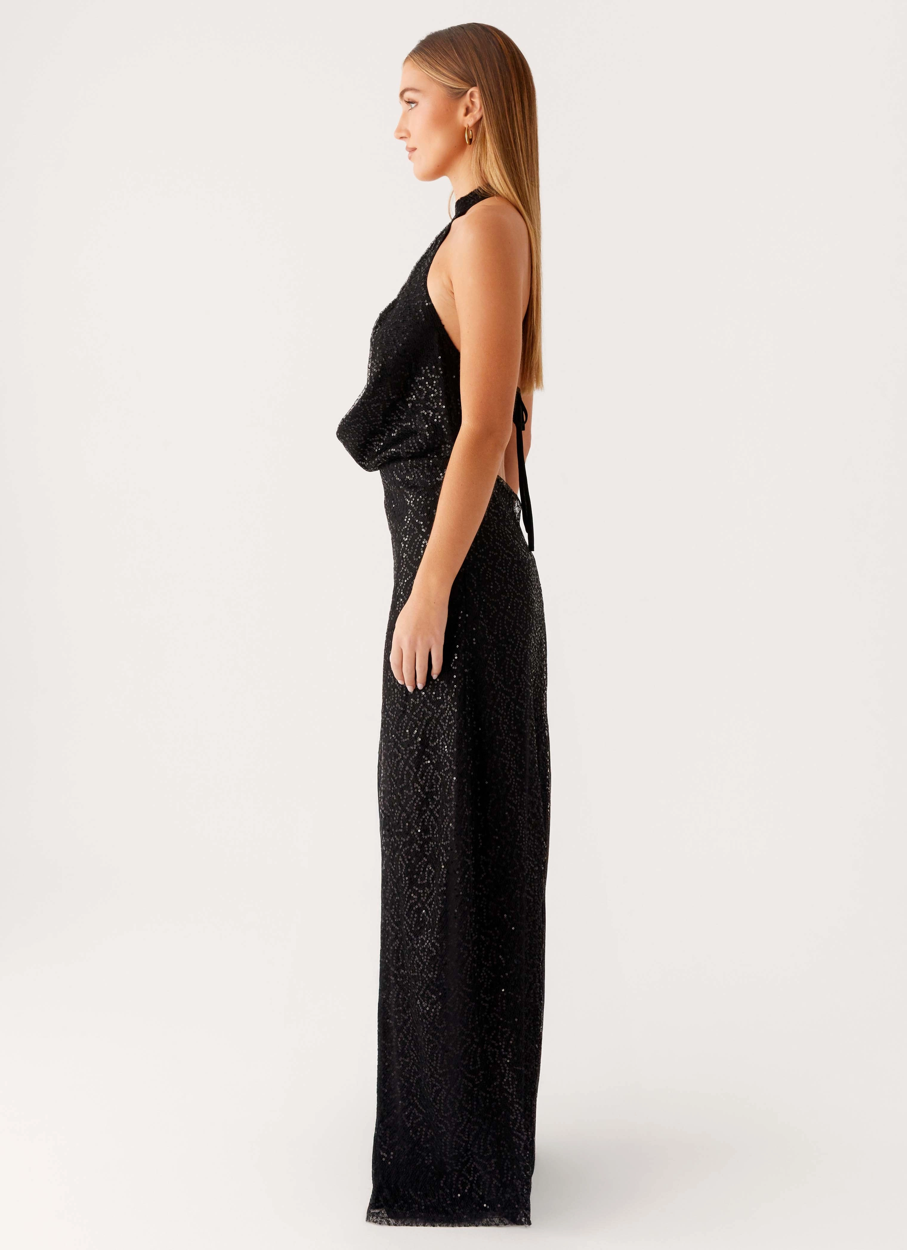 Empire Sequin Maxi Dress - Black Sheer Overlay