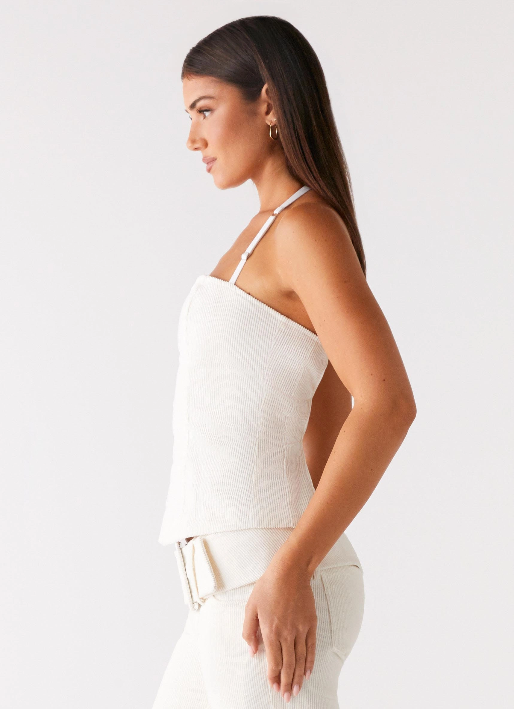 DoubleStitchedHem Maya Backless Top - Pearl
