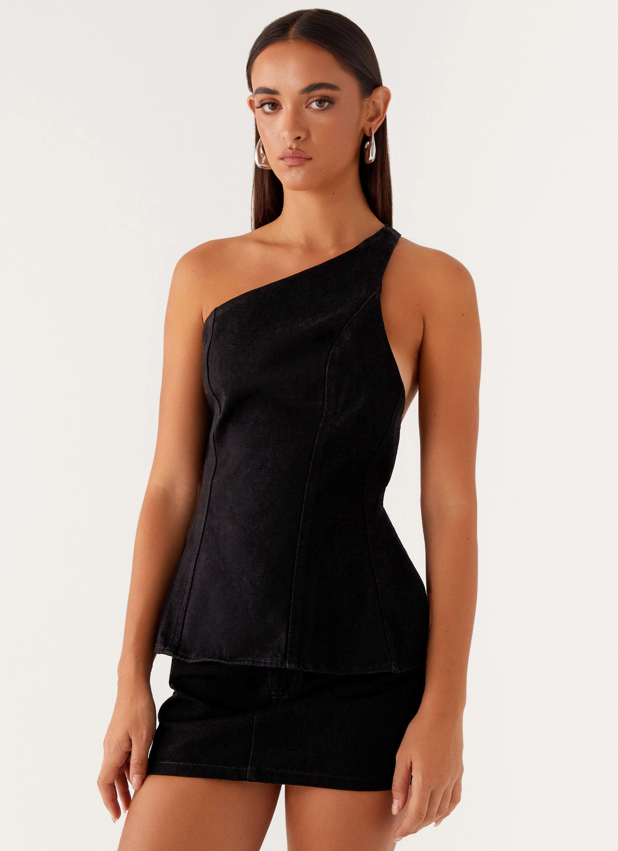 Maysa Denim Top - Black HighNeckCut