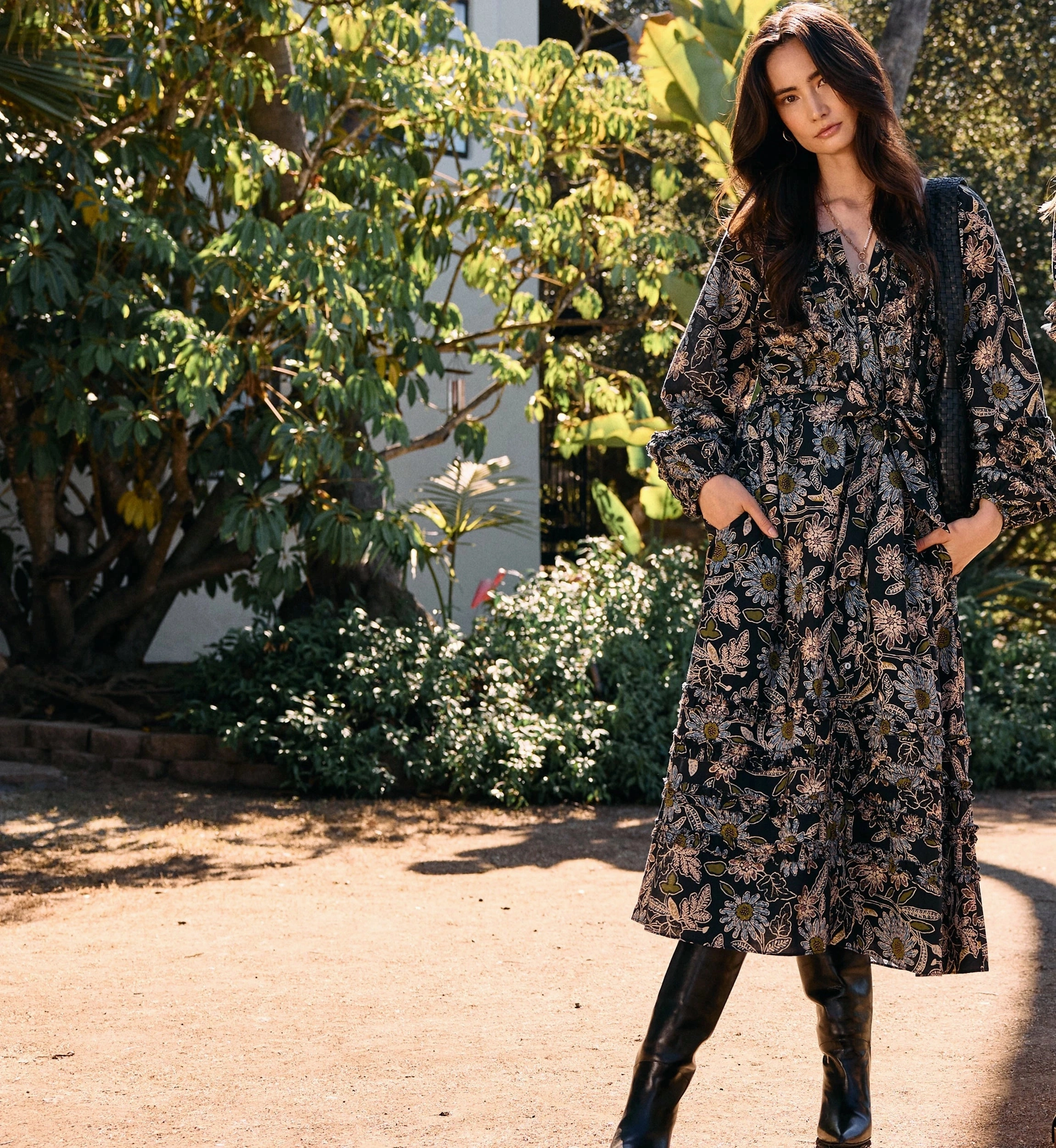 Melinda Midi Dress | Dark Magnolia Reflective Trims