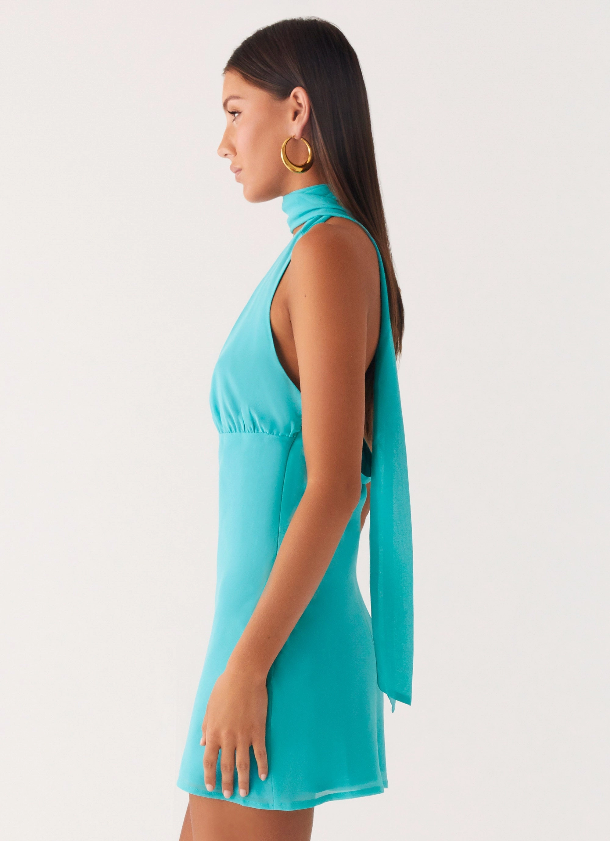 Melisande Scarf Neck Mini Dress - Aqua Blue Weekend Edge Versatile Layers