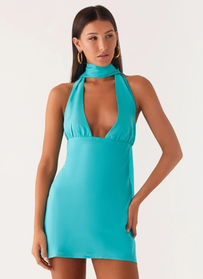 Relax Appeal Melisande Scarf Neck Mini Dress - Aqua Blue