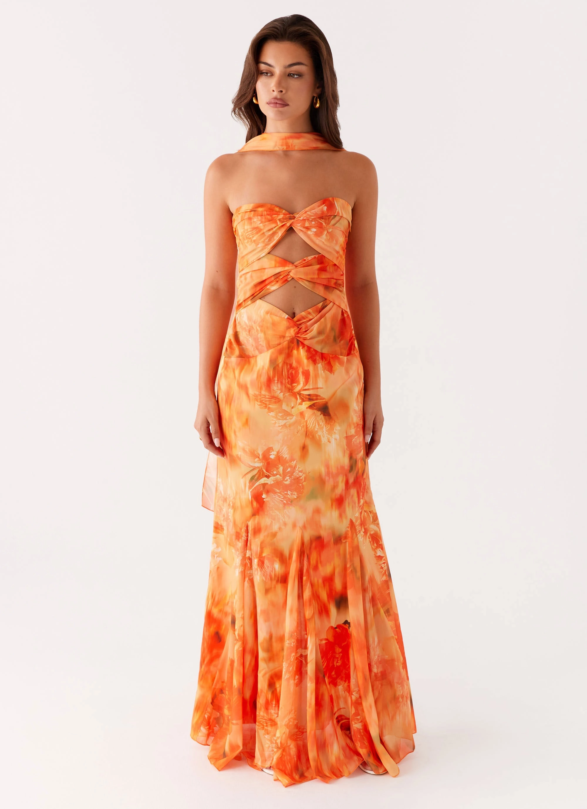 Melrose Satin Chiffon Maxi Dress - Sunset Floral Tiered Skirt