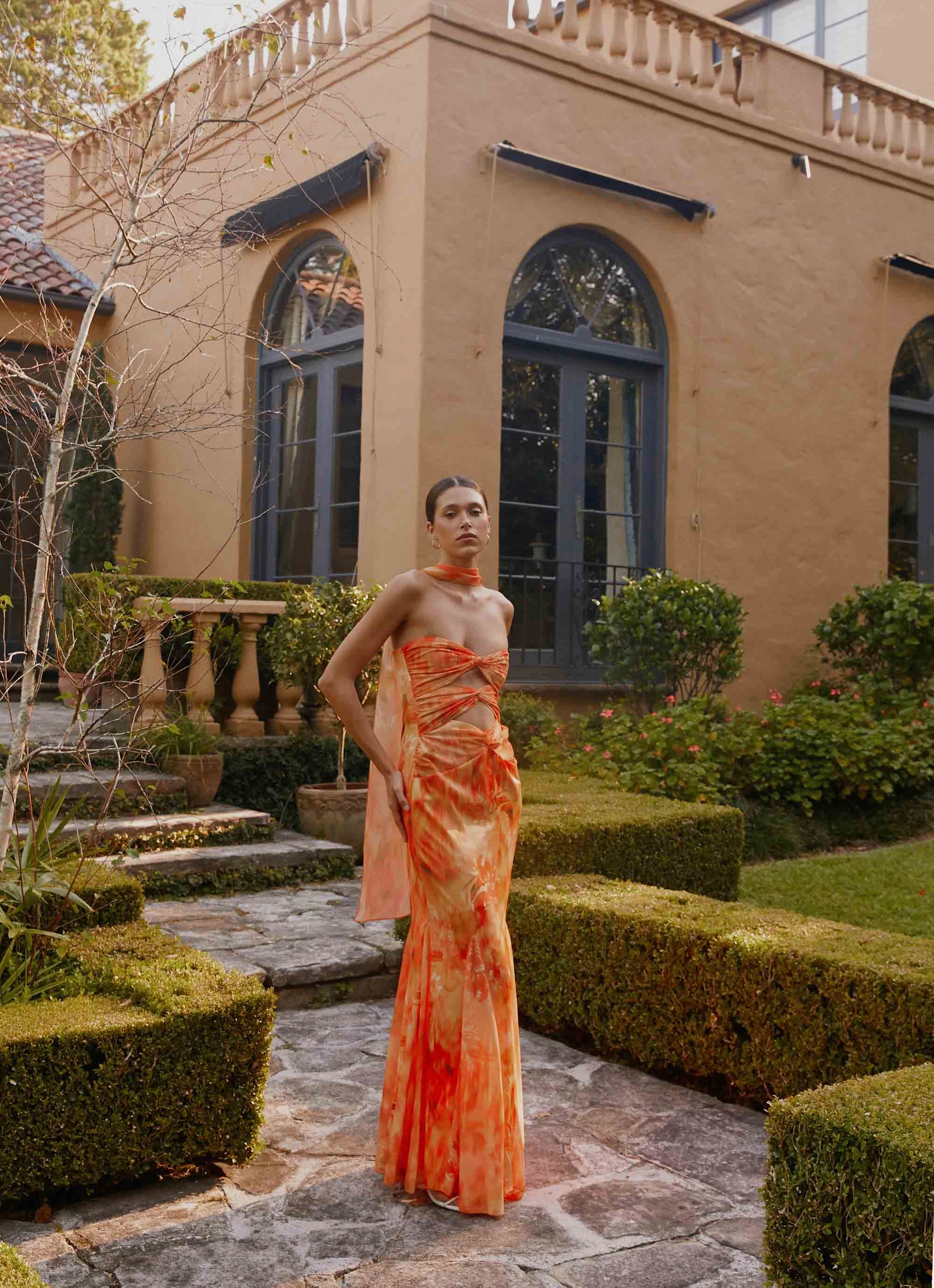 Soft Vibes Smooth Curve Melrose Satin Chiffon Maxi Dress - Sunset Floral