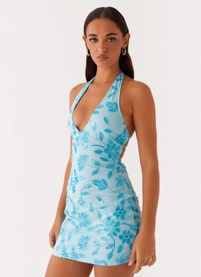 Occasion Wear Easy Layers Merida Halterneck Beaded Mini Dress - Blue