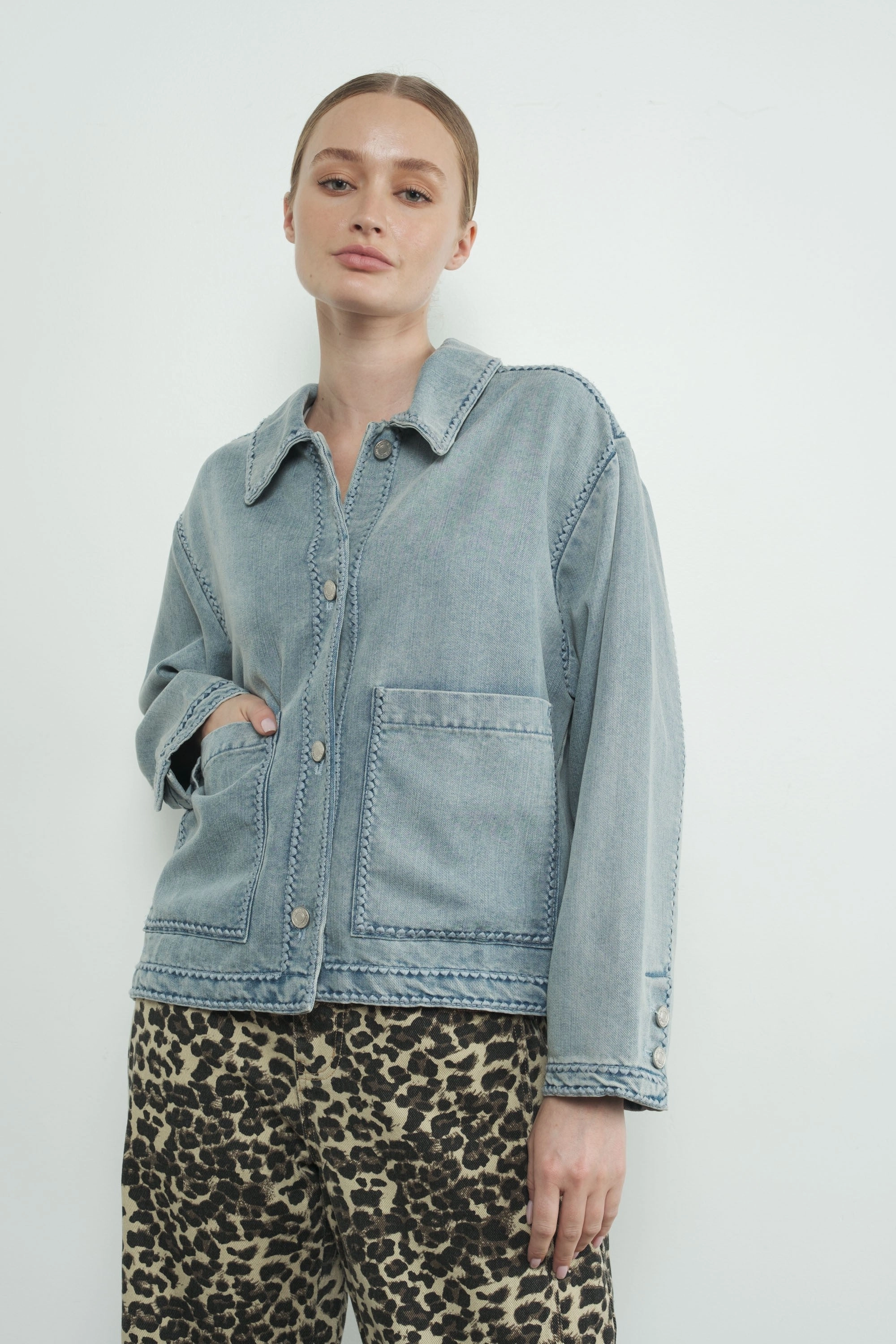 Embroidered Denim Jacket High Collar Option Relaxed Sweatshirt