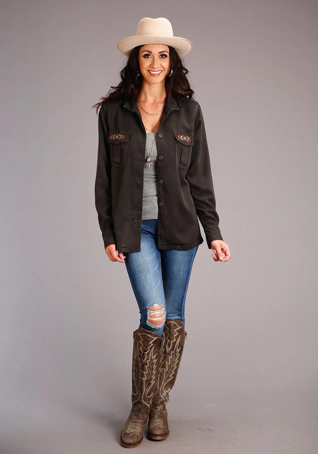 Stetson Womens Dark Charcoal Denim Button Front Jacket TearResistantOuter