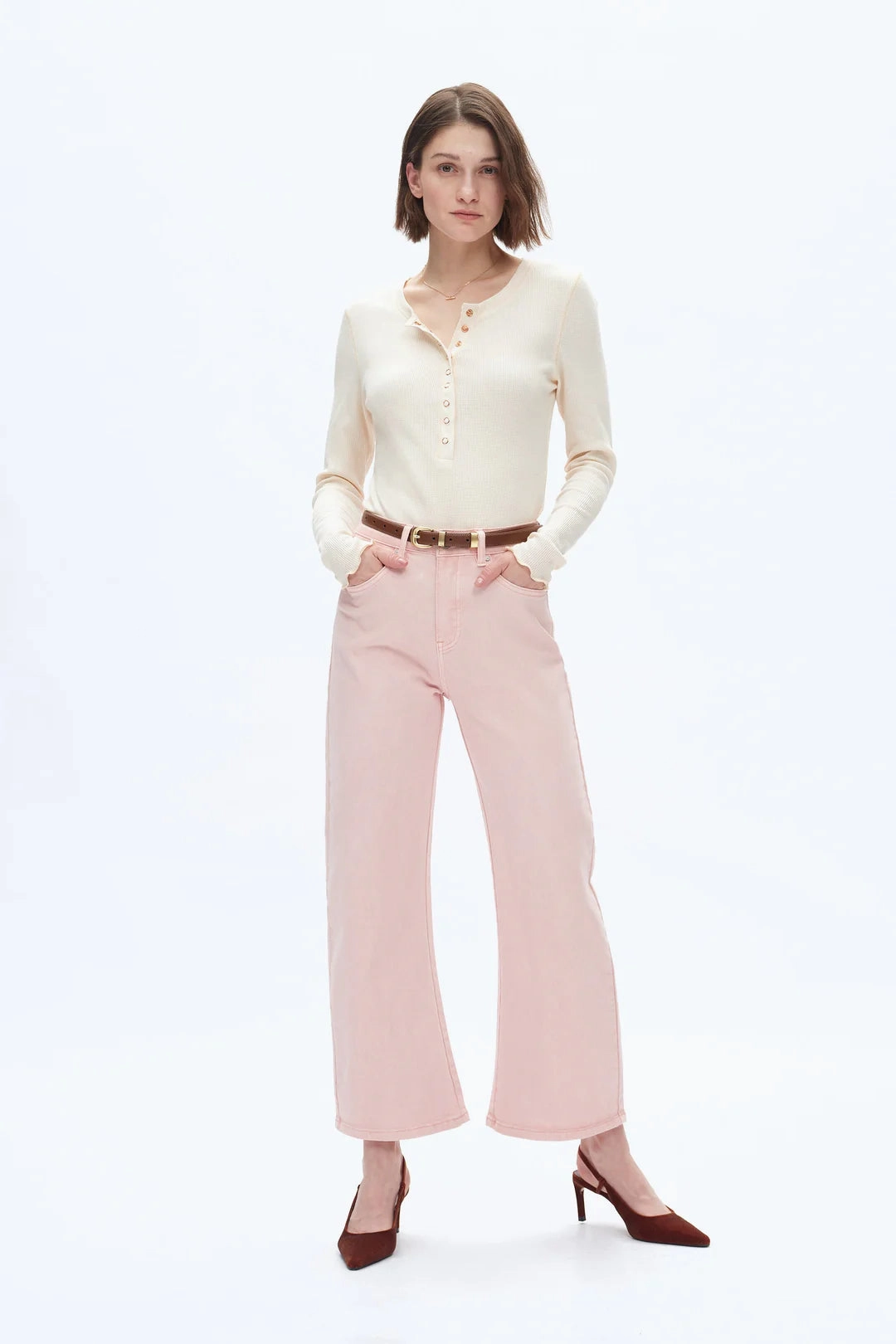 Buttery Soft Handfeel Mid Rise Barrel Jeans - Pearl Pink