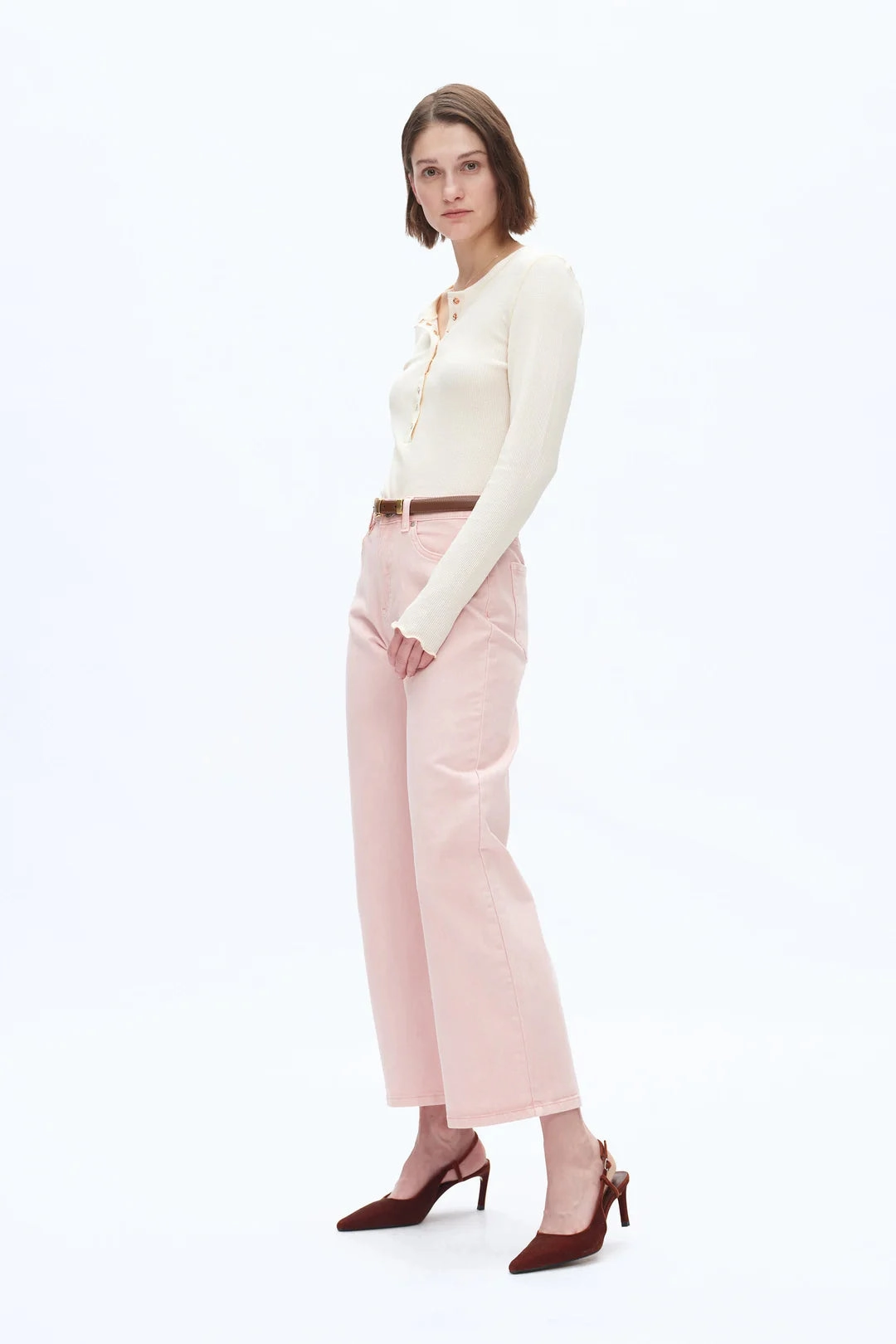 Mid Rise Barrel Jeans - Pearl Pink Soft Cotton Blend