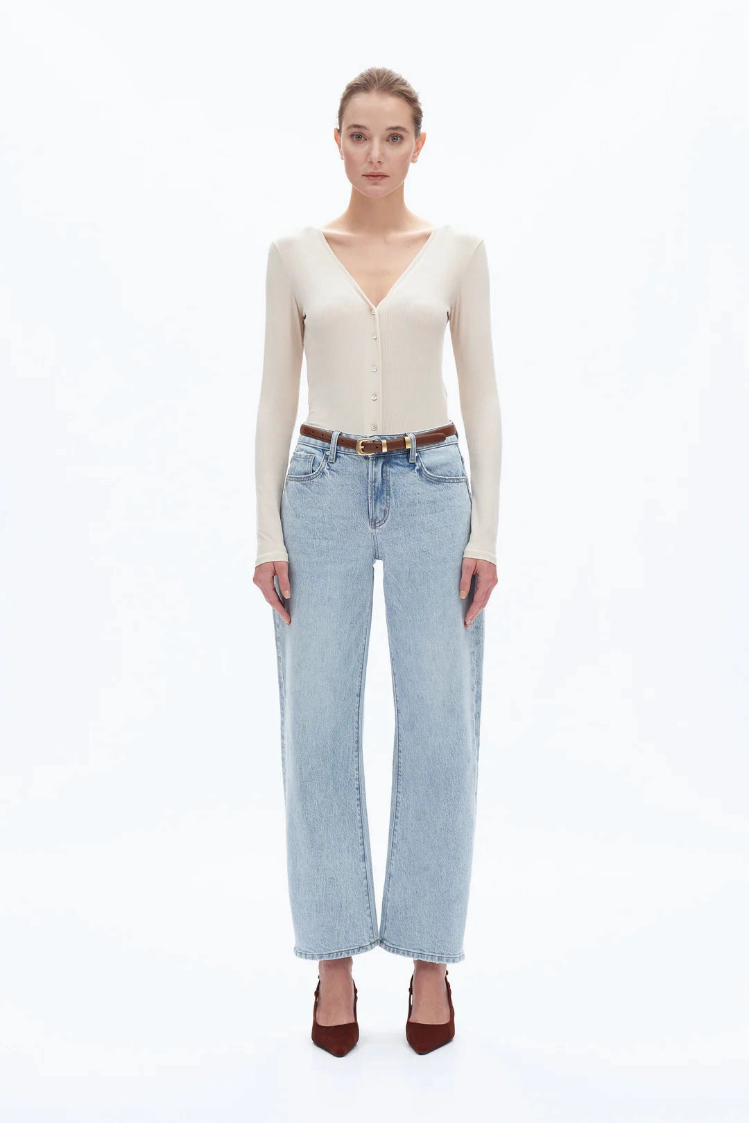 Hygienic Inner Layer Low Bulk Mid Rise Barrel Leg Jeans - Light Blue