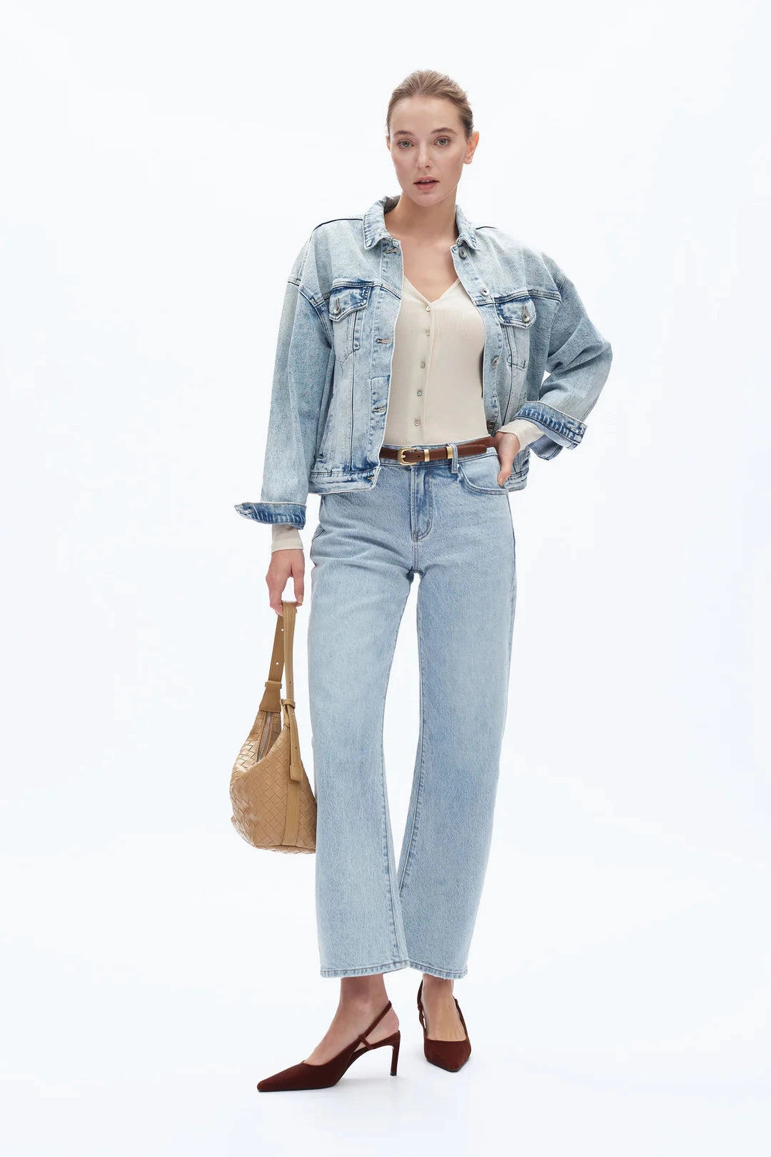 Mid Rise Barrel Leg Jeans - Light Blue Flexible Neckline