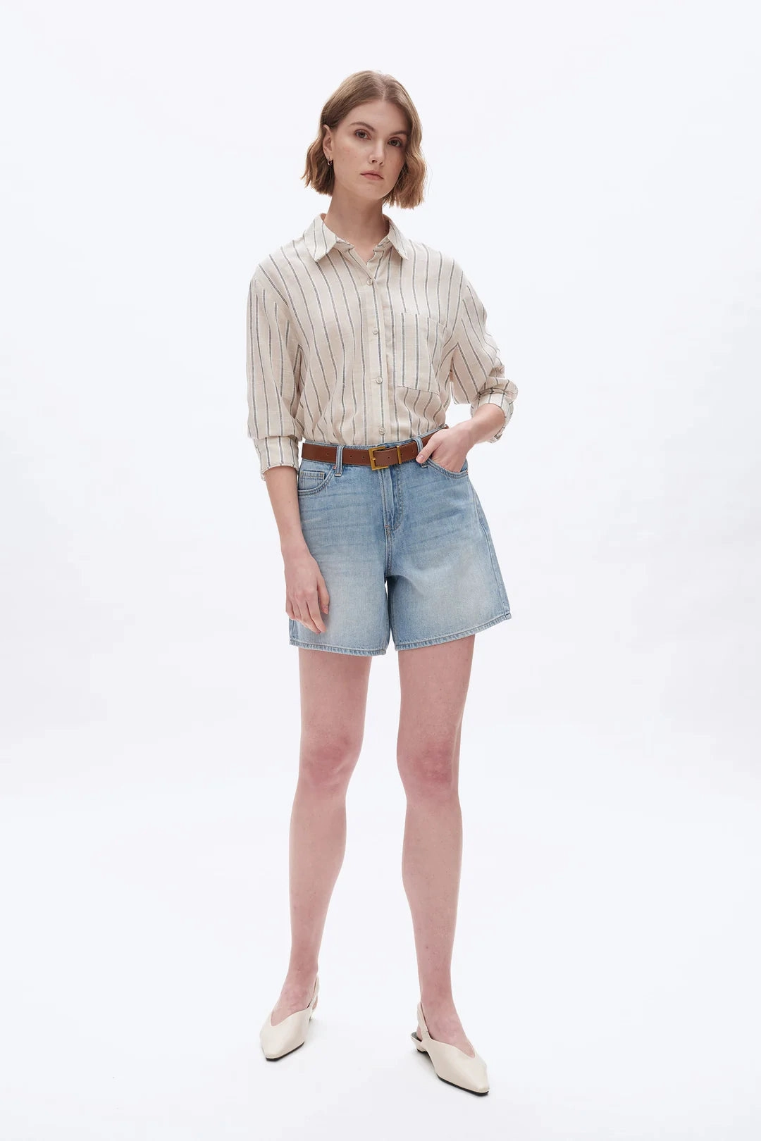 WrinkleResistant Fabric Mid Rise Denim Shorts - Light Blue