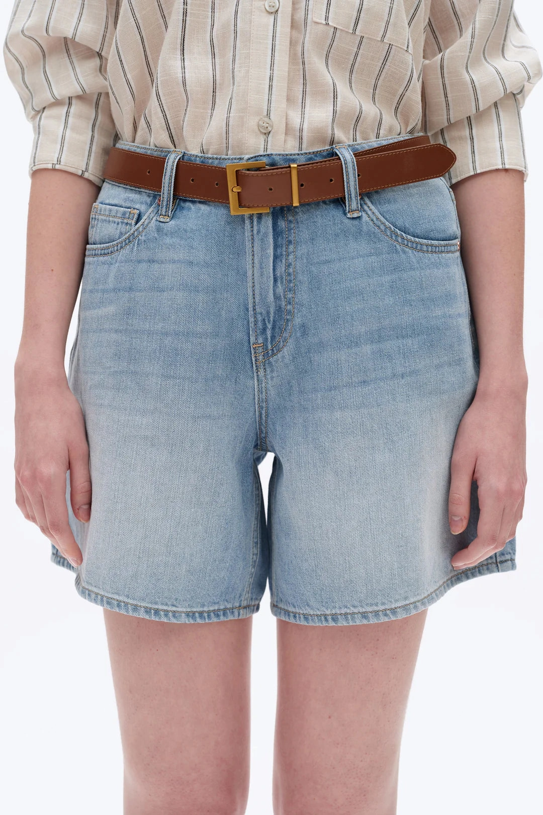 High Visibility Trim Mid Rise Denim Shorts - Light Blue