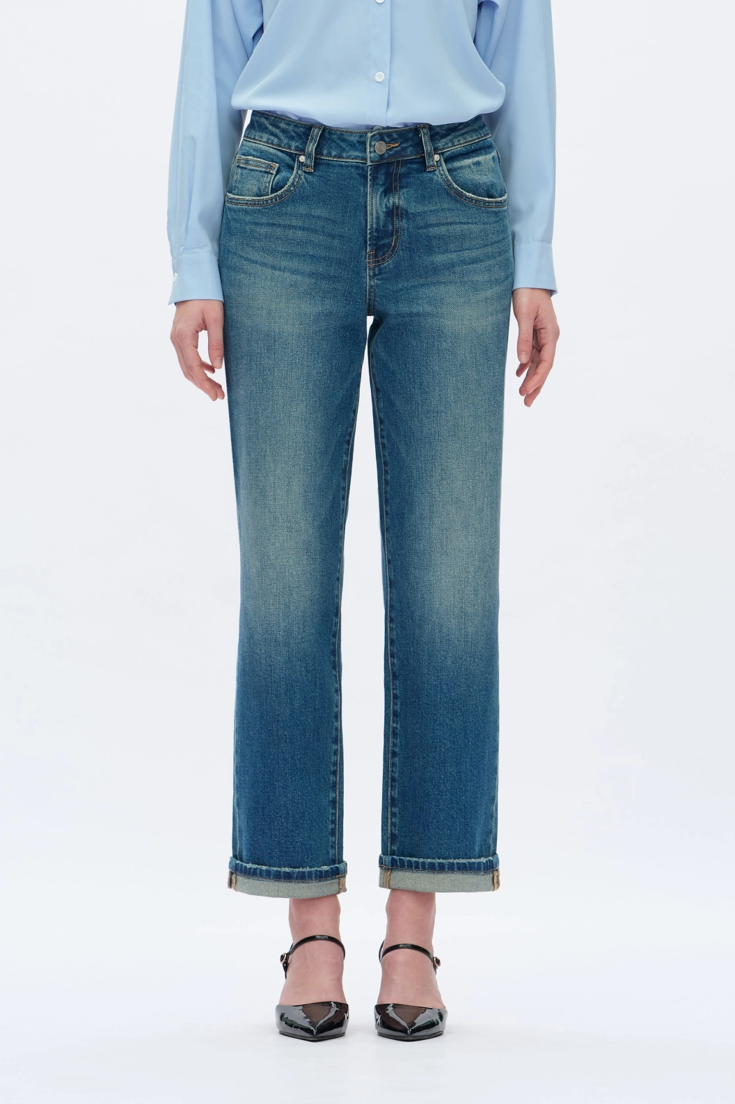 Low Profile Design Comfort Stretch Mid Rise Straight Leg Jeans - Retro Medium Blue