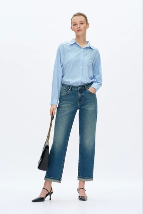 Mid Rise Straight Leg Jeans - Retro Medium Blue NonChafe Lining