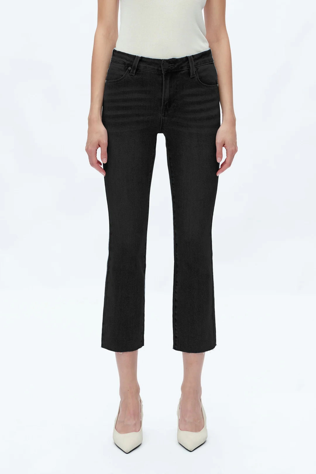 Flexible Ribbing Layered Shoulder Mid Rise Straight Raw Edge Denim Jeans