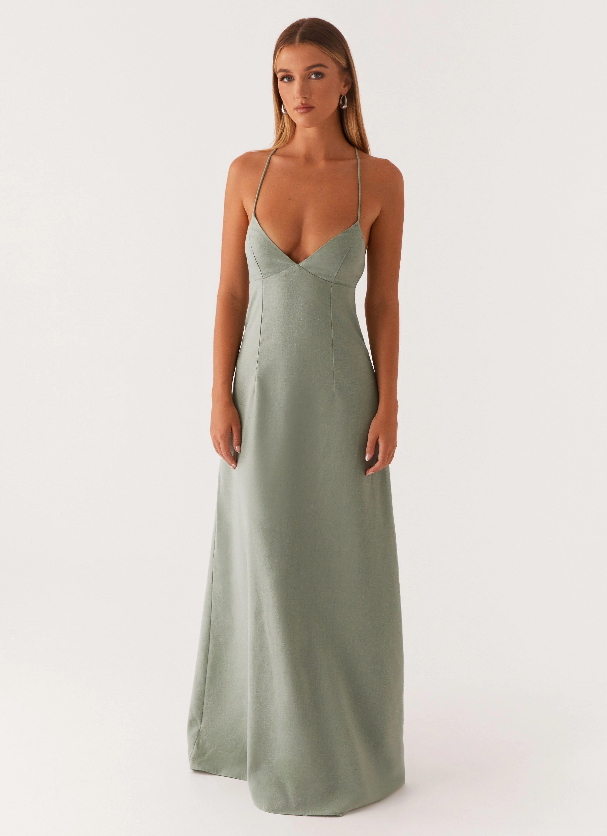 Office Tone Middle Ground Linen Maxi Dress - Sage