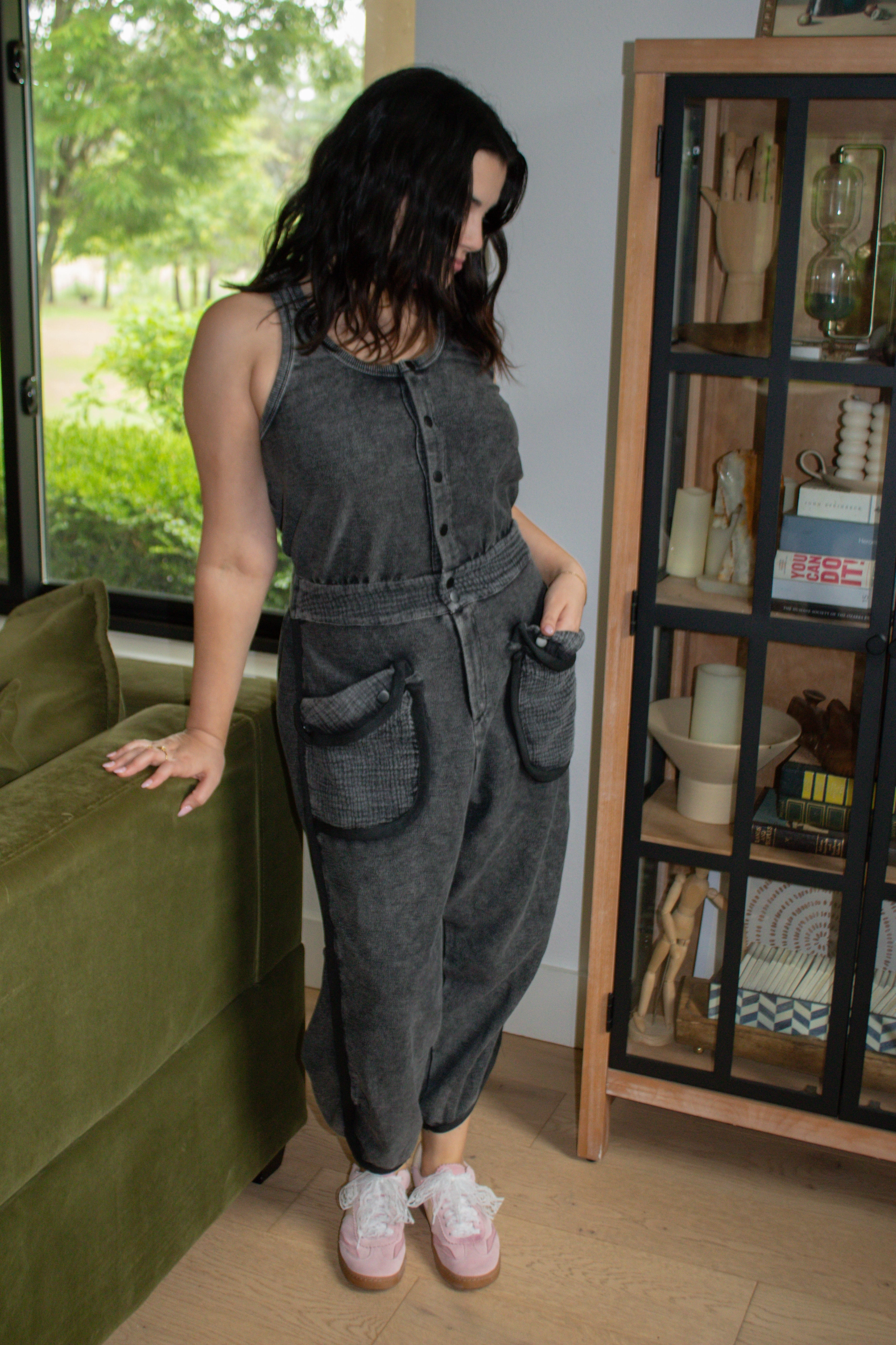 Mineral Washed Terry Jumpsuit - Black Water Repellent AntiPilling