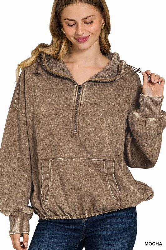 Wendy Washed Drawstring Hem Half Zip Kangaroo Hoodie product generic practicality Unique