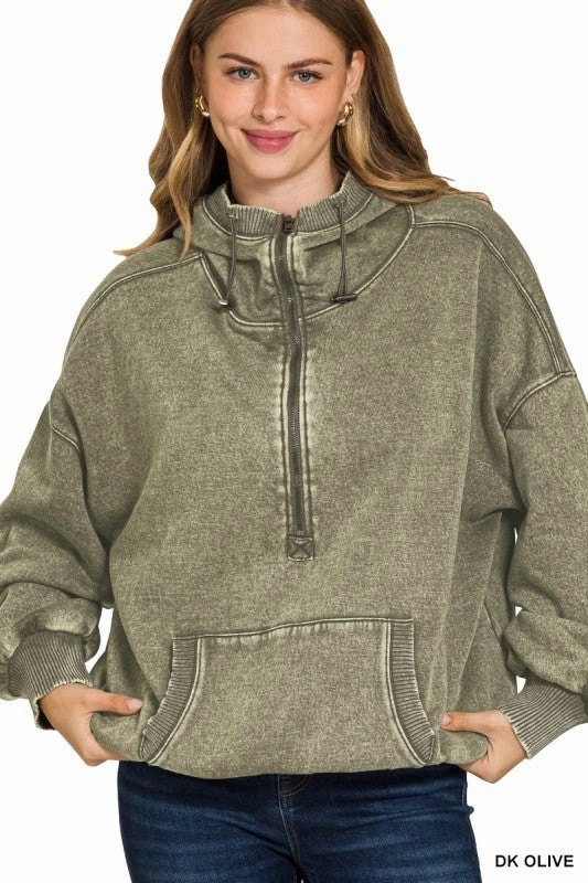 product lace femininity Wendy Washed Drawstring Hem Half Zip Kangaroo Hoodie