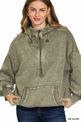 Wendy Washed Drawstring Hem Half Zip Kangaroo Hoodie Designer