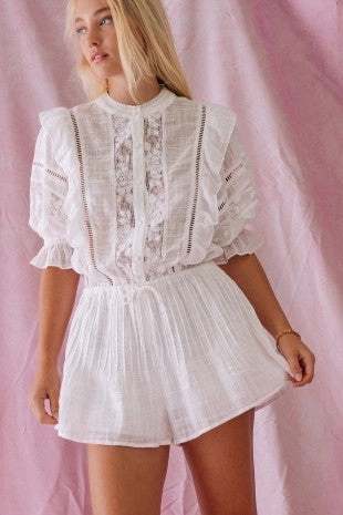 Compression Support Lining Ethereal Lace Ruffle Romper - White