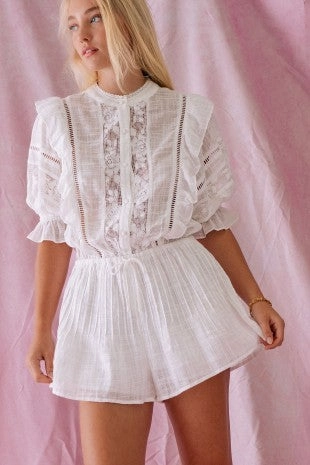 Ethereal Lace Ruffle Romper - White suitable for firefighters