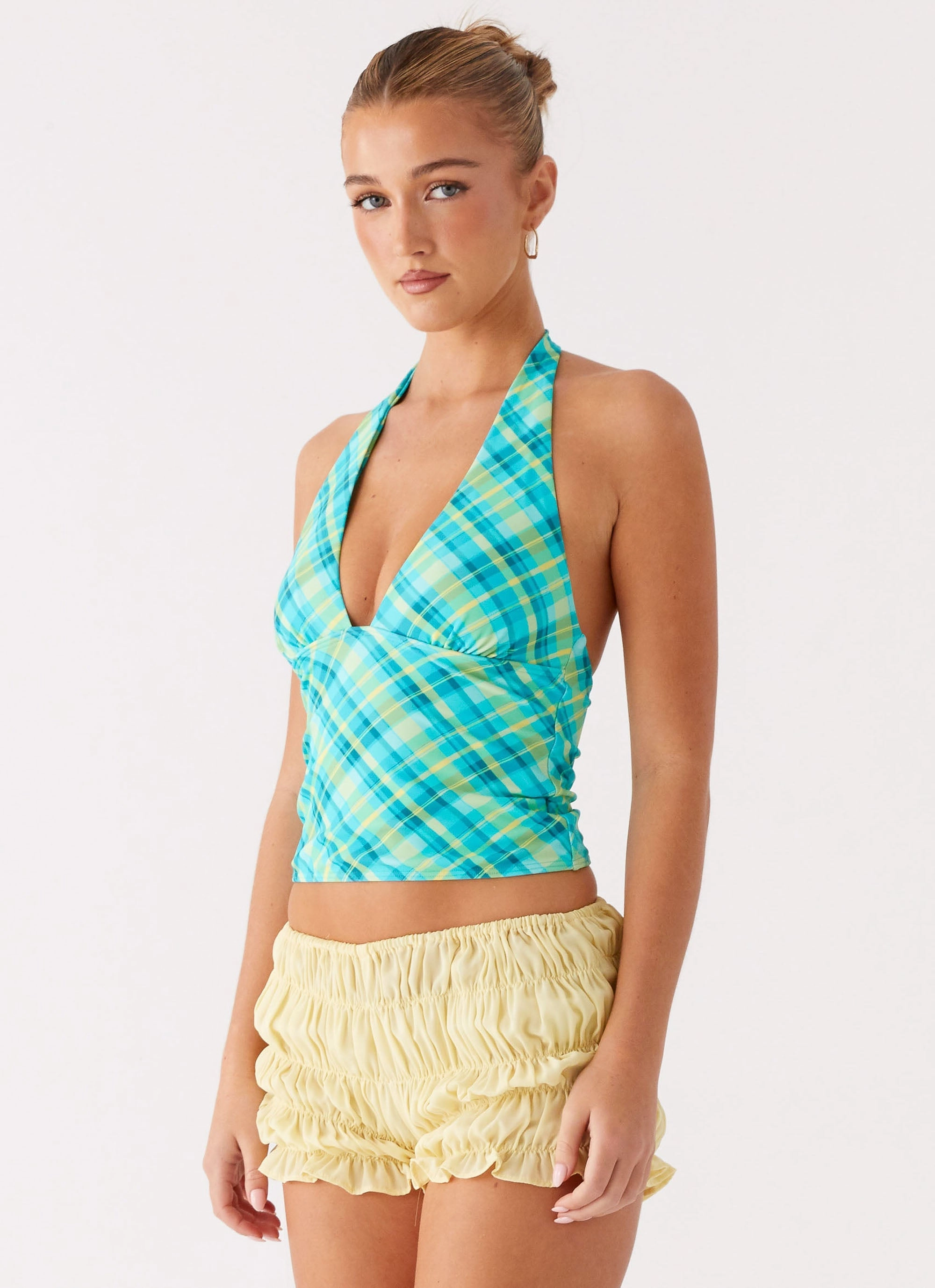 Jetsetter Halter Top - Green Check Microfiber Blended Fabric Sporty Style