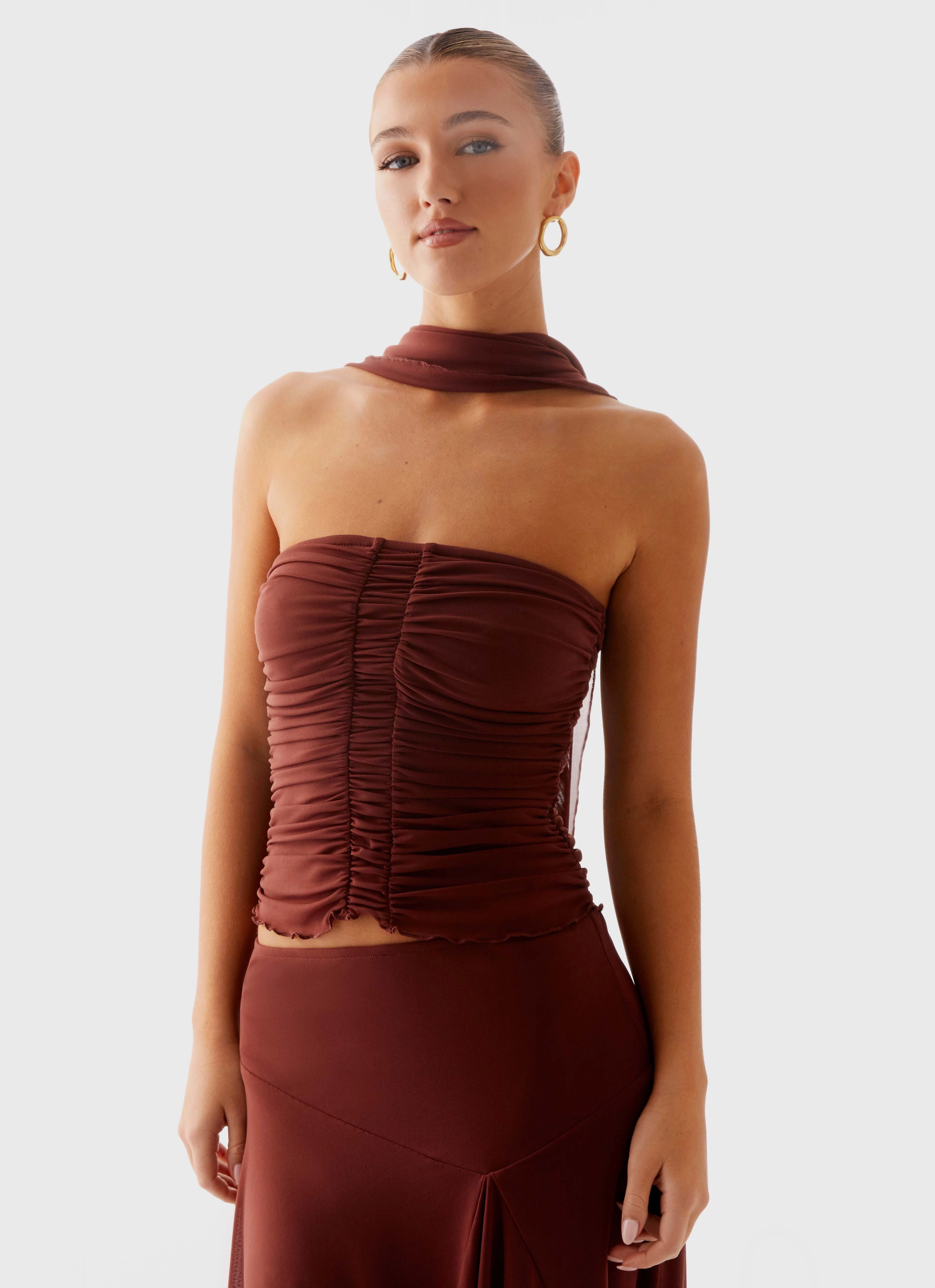 Mirage Scarf Top - Chocolate Rolled Hem Finish Shape Retention Fabric