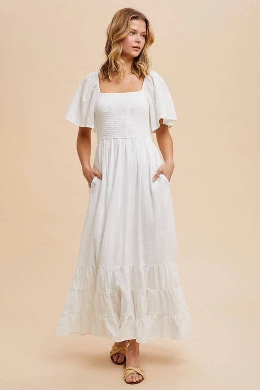 Smart Blend Ruffle-Detail NOLA SMOCKED COTTON FLUTTER SLEEVE MAXI