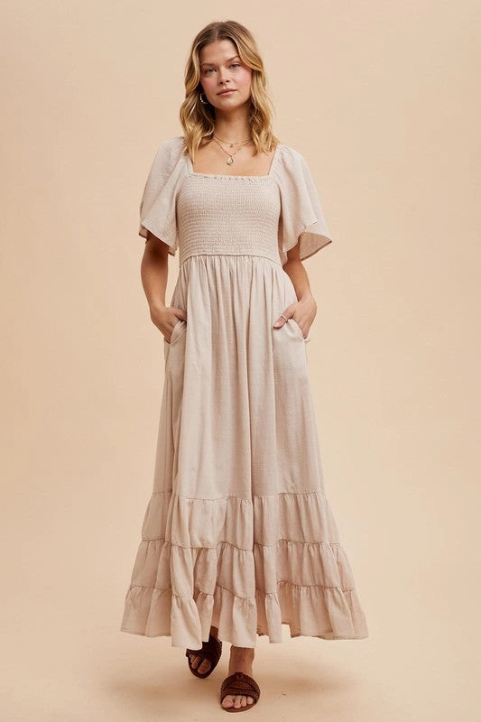 NOLA SMOCKED COTTON FLUTTER SLEEVE MAXI Simple Comfort Dressy Yet Comfortable
