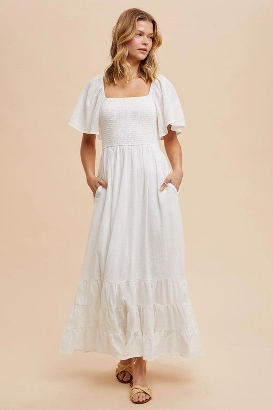 NOLA SMOCKED COTTON FLUTTER SLEEVE MAXI Light material