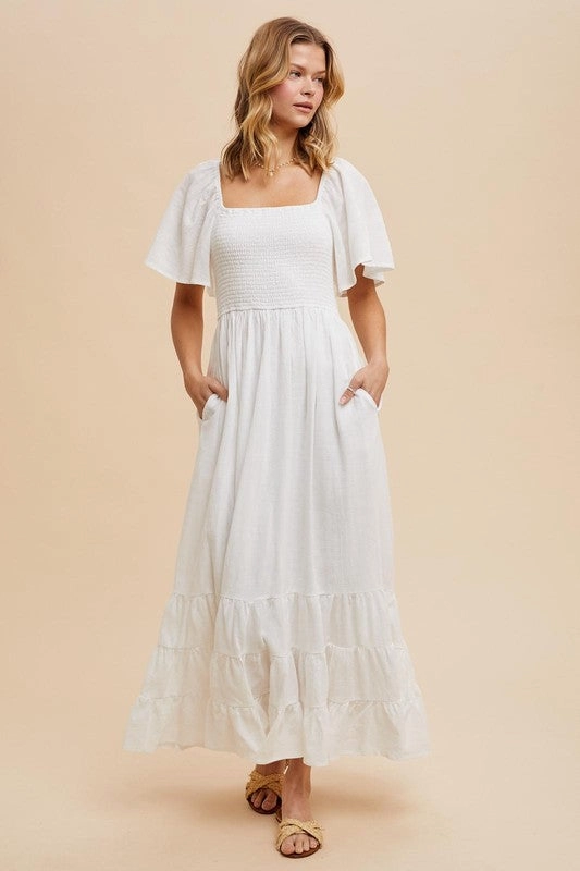 Chic Wear Romantic Soft NOLA SMOCKED COTTON FLUTTER SLEEVE MAXI