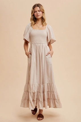 Lounge Ready Subtle Flex NOLA SMOCKED COTTON FLUTTER SLEEVE MAXI