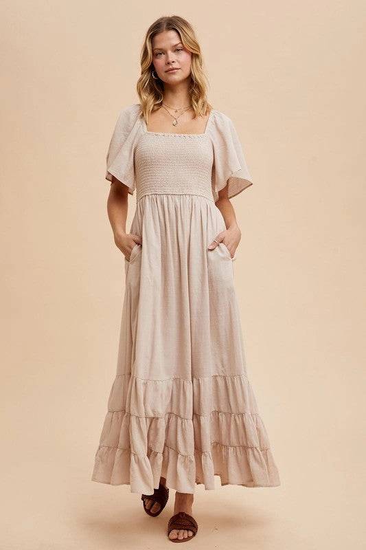 NOLA SMOCKED COTTON FLUTTER SLEEVE MAXI Skirt Flare Silk Flow