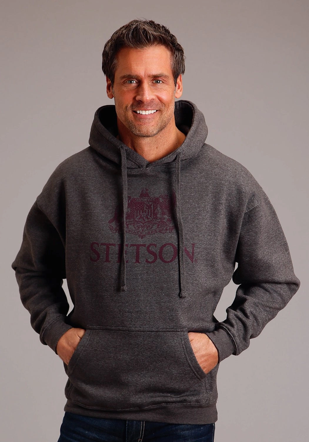 Stetson Mens Crest Logo Grey Cotton Blend Hoodie Glove Compatible Cuffs