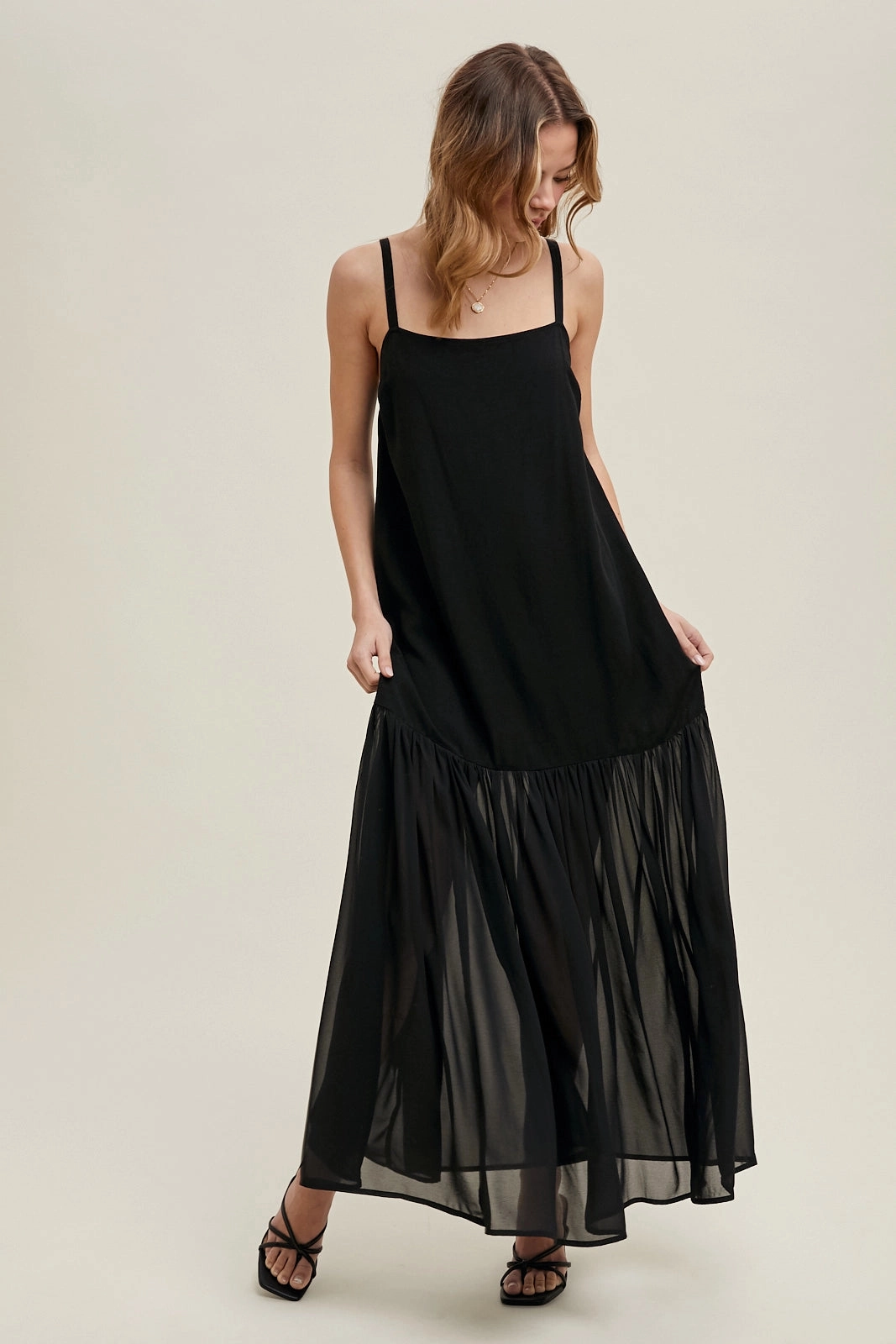 LightReflectiveTrim Tubular Body Construction Mixed Media Cami Maxi Dress